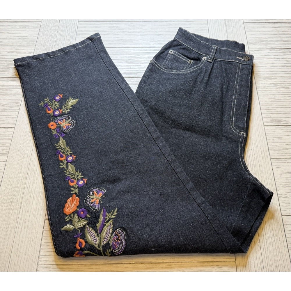 Denim & Co Women's High Waist Straight Floral Embroidered Leg Dark Wash Jean 14